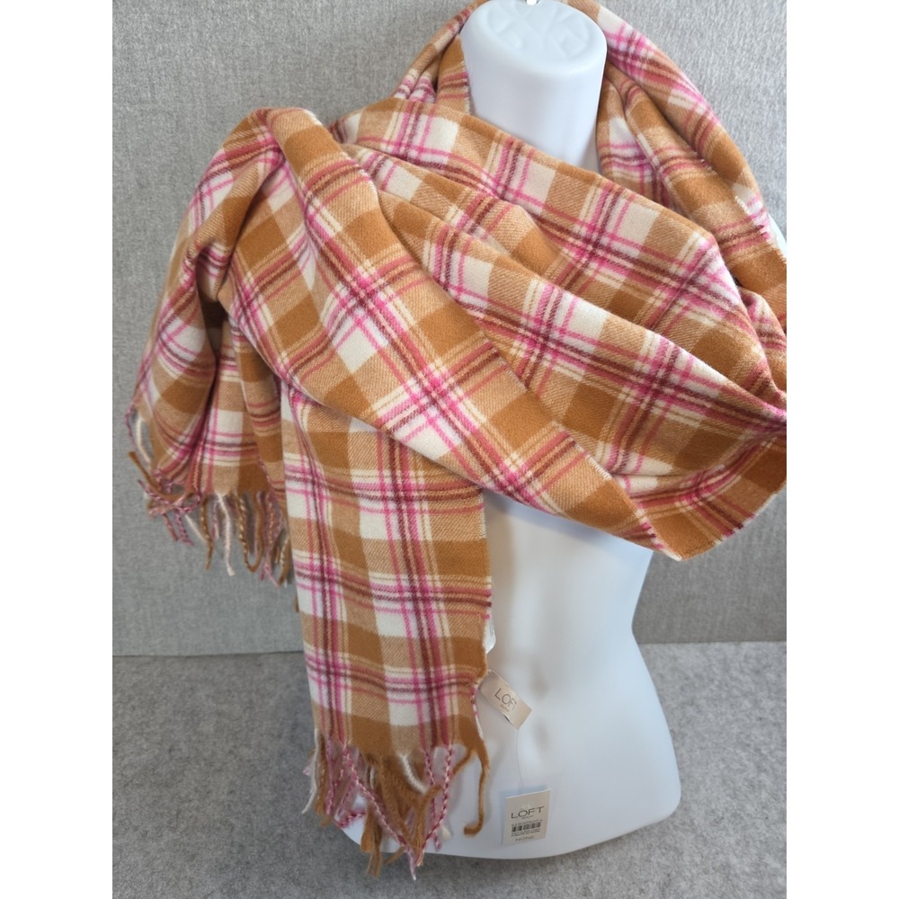 LOFT Womens Scarf Wrap Brown Pink Plaid Fringe Super Soft Preppy Career Gift NEW